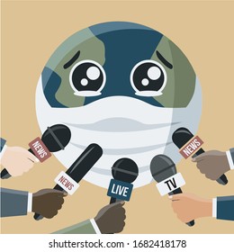 Journalist hold Microphone vector. save world in Press Conference contagious corona virus on earth coronavirus outbreak. cute globe with medical mask face on TV. breaking news cartoon flat design art