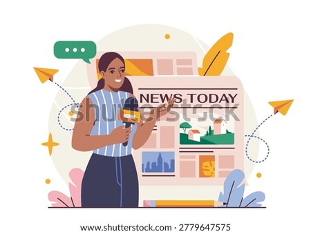 A journalist holding a microphone before a news board in flat cartoon style on a light background, expressing communication and media concepts. Hand-drawn vector illustration