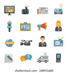 Journalist icon flat set with camera microphone tv van isolated vector illustration