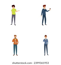 Journalist icons set cartoon vector. Male and female reporter with microphone. Television, journalism