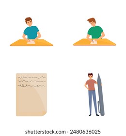 Journalist icons set cartoon vector. People writing hold pen in hand. Journalism, work