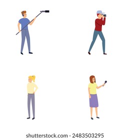 Journalist icons set cartoon vector. Reporter with microphone and cameraman. Television industry