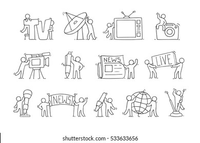 Journalist icons set of working little people with microphone, camera. Doodle cute miniature scenes of workers with tv symbols. Hand drawn cartoon vector illustration for media design.