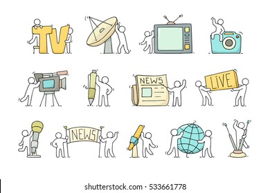 Journalist icons set of working little people with microphone, camera. Doodle cute miniature scenes of workers with tv symbols. Hand drawn cartoon vector illustration for media design