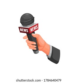 journalist interview. hand holding microphone with news symbol concept in cartoon illustration vector on white background