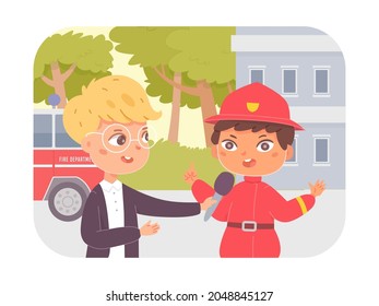 Journalist interview with kid fireman vector illustration. Cartoon boy child professional news reporter character standing, interviewing firefighter for tv channel, children work on television news
