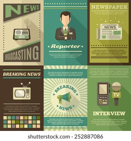Journalist interview newspaper news broadcasting mini poster set isolated vector illustration