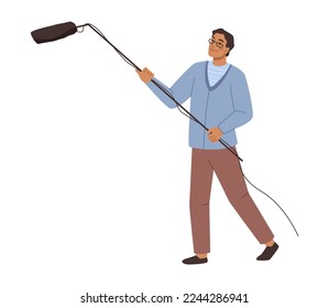 Journalist interviewer helping person to make reportage. Vector illustration in flat cartoon style. Backstage worker, video and movie maker, reporting videographer with microphone