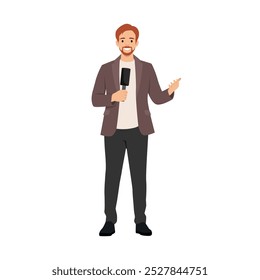 Journalist interviewer with microphone in hands. Flat vector illustration isolated on white background