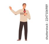 Journalist interviewer with microphone in hands. News presenter male character, flat cartoon person making reportage. Vector illustration talk show host, guy making reportage, media presenter
