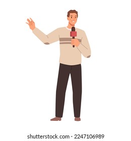 Journalist interviewer with microphone in hands. News presenter male character, flat cartoon person making reportage. Vector illustration talk show host, guy making reportage, media presenter