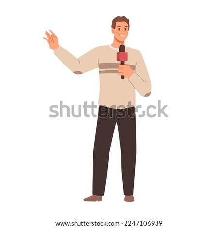 Journalist interviewer with microphone in hands. News presenter male character, flat cartoon person making reportage. Vector illustration talk show host, guy making reportage, media presenter
