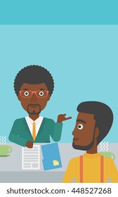 A journalist interviewing an african-american man on a light blue background vector flat design illustration. Vertical layout.