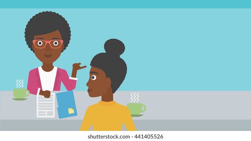 A journalist interviewing an african-american woman on a light blue background vector flat design illustration. Horizontal layout.