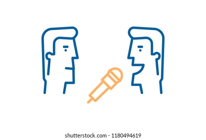 Journalist interviewing another man with a mic. Vector thin line icon illustration for interviews, journalism, politics, television, press conference, reportages and other media communication subjects