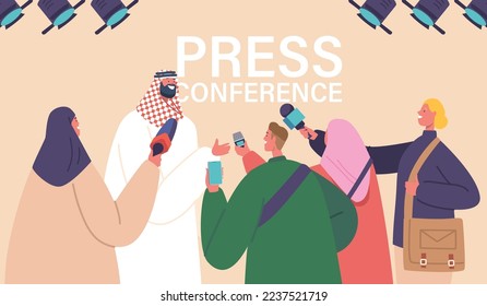 Journalist Interviewing Arab Politician during Briefing or Press Conference. Man in National Suit Speak with Reporter Characters Holding Microphones, Breaking News. Cartoon People Vector Illustration