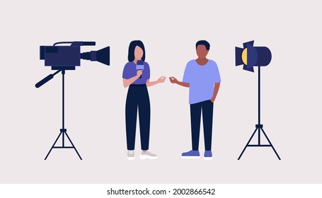 Journalist interviewing a character. News on tv, broadcasting journalist, presenter, news program author. Vector illustration in a flat style