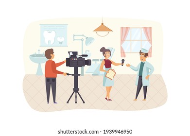 Journalist interviewing doctor scene. Operator filming report, female reporter talking with physician. Journalism, mass media and press concept. Vector illustration of people characters in flat design