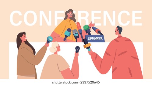 Journalist Interviewing Female Speaker during Briefing or Press Conference. Woman Speak to Reporter Characters