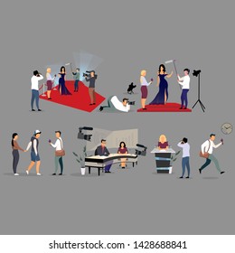 Journalist interviewing flat illustration set. Correspondents, photographers cartoon characters. Reporters, interviewers with microphone recording, broadcasting. Journalism, mass media, TV industry