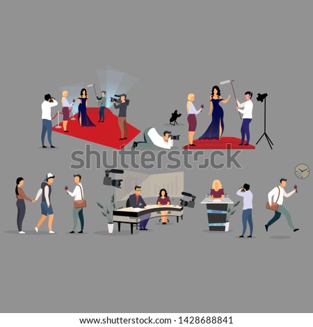 Journalist interviewing flat illustration set. Correspondents, photographers cartoon characters. Reporters, interviewers with microphone recording, broadcasting. Journalism, mass media, TV industry