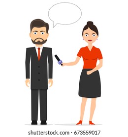 The journalist is interviewing. The girl is a journalist. Flat design, vector illustration, vector.