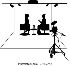 Journalist interviewing a guest in a TV studio silhouette layered