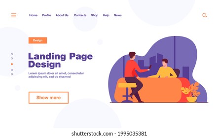Journalist interviewing guy at desk. Microphone, discussion, speech flat vector illustration. Social media and communication concept for banner, website design or landing web page