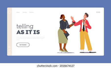 Journalist Interviewing Politician or Businessman Landing Page Template. Tv Reporter Character Holding Microphone Presenting Breaking News for Mass Media Industry. Cartoon People Vector Illustration