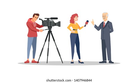 Journalist interviewing politician flat vector illustration. Video operator, correspondent and famous person cartoon characters. Mass media, press, TV industry concept. Reporter and cameraman working