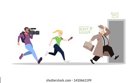 Journalist interviewing running away politician flat illustration. Press reportage, mass media, journalism. Correspondents, news reporters, paparazzi chasing famous person isolated cartoon characters