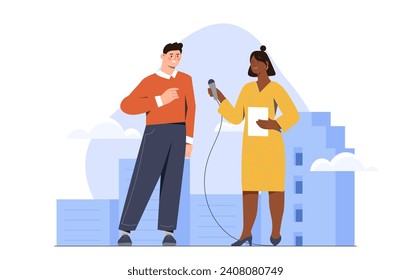 El concepto de las entrevistas periodísticas. Trabajador de medios masivos con personalidad popular. El hombre responde a las preguntas de la mujer con micrófono. Dibujo vectorial plano de dibujos animados aislado en fondo blanco