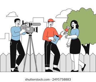 Journalist interviews concept. Men with camera and microphone ask questions to girl. Popular personality answers correspondents. Mass media and journalism. Linear vector illustration