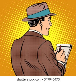 journalist interviews notepad pop art retro style. Man back, taking notes