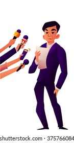 Journalist interviews old man politician cartoon style vector illustration
