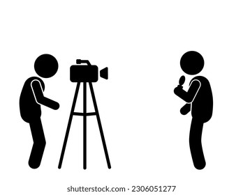 Journalist interviews ,reporter, cameraman, stick figure