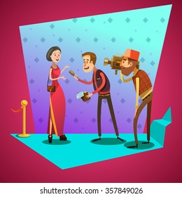 Journalist interviews star on celevrity event retro cartoon vector illustration