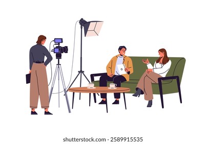 Journalist interviews woman on sofa. Cameraman films how host talks to guest, recording, shooting with video camera TV show in studio. Journalism. Flat isolated vector illustration on white background