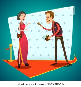 Journalist interviews young pretty celebrity girl retro cartoon style vector illustration