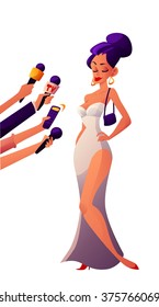 Journalist interviews young pretty celebrity girl cartoon style vector illustration