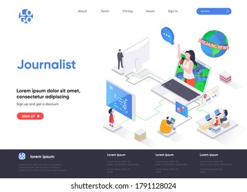 Journalist isometrische Landungsseite. Breaking News-Bericht, Online-Interview, TV-Sendung, Live-Pressemitteilung Isometry-Webseite. Website flache Vorlage, Vektorgrafik mit Menschen Zeichen.
