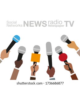 Journalist, Journalism. Hands with microphones. Concept for News, Media, TV, interview, information, broadcasting, mass and communication. Vector illustration.