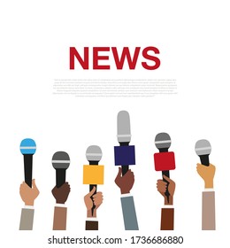 Journalist, Journalism. Hands with microphones. Concept for News, Media, TV, interview, information, broadcasting, mass and communication. Vector illustration.