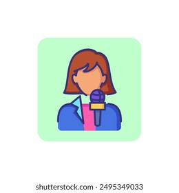 Journalist line icon. Woman with microphone, reporter, correspondent. Occupation concept. Can be used for topics like news agency, report, broadcast, press conference
