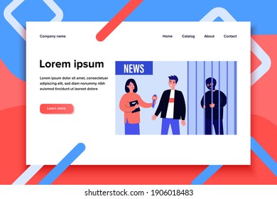 Journalist making crime report. Guy telling newscaster about his help in catching criminal. Flat vector illustration. Broadcasting, news concept for banner, website design or landing web page