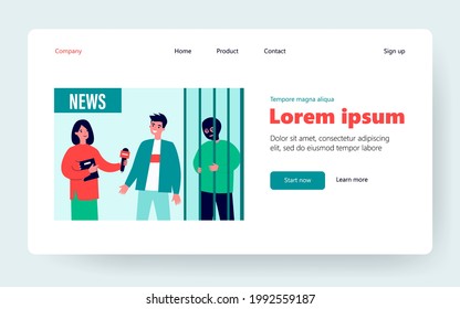 Periodista que hace reportes criminales. Un tipo contando al presentador de noticias sobre su ayuda para atrapar a un criminal. Ilustración vectorial plana. Difusión, concepto de noticias para banner, diseño de sitios web o página web de aterrizaje