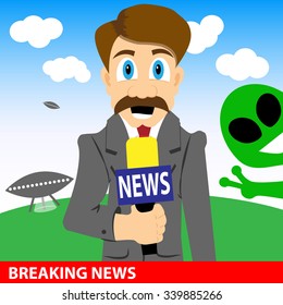 A journalist is making a report about aliens invasion. Breaking news