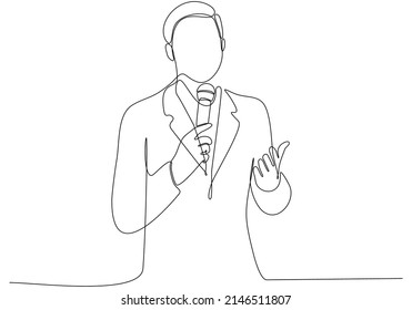 
periodista dibujando una sola línea. Agradable reportero masculino sosteniendo el micrófono. Newscaster transmite noticias con un reportero. Ilustración gráfica vectorial de diseño de línea continua moderna