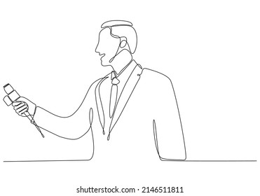 
journalist man drawing a single line. Handsome male reporter holding microphone. Newscaster broadcasts news with a reporter. Modern continuous line drawing design vector graphic illustration