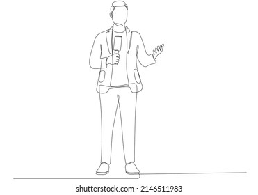 
journalist man drawing a single line. Handsome male reporter holding microphone. Newscaster broadcasts news with a reporter. Modern continuous line drawing design vector graphic illustration